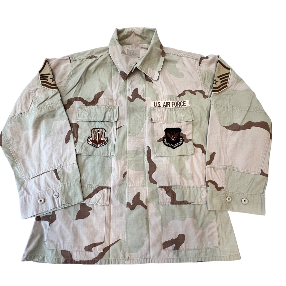 VTG USAF Air Force Desert Camo Combat Coat Jacket Military Patches Stripes Large